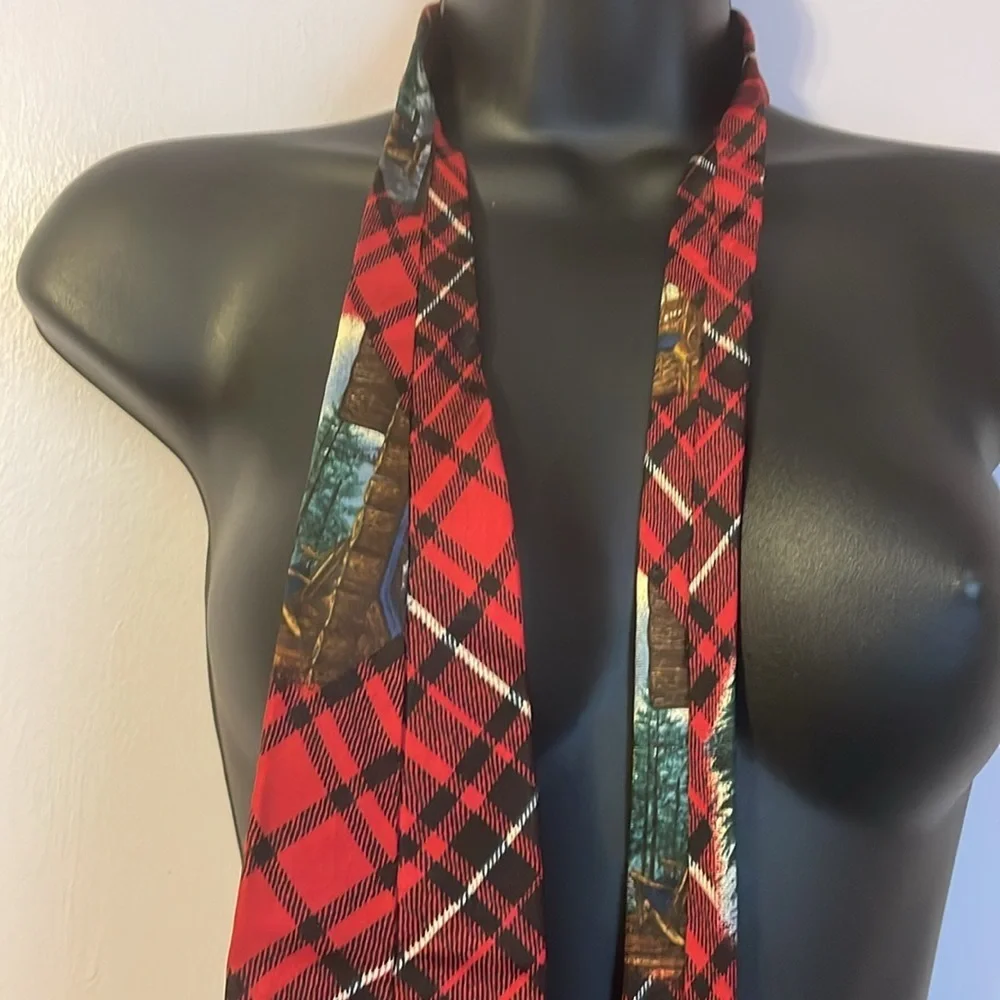 Structure Silk Italian Fabric Vintage Red Plaid Cabin in Woods Necktie Tie